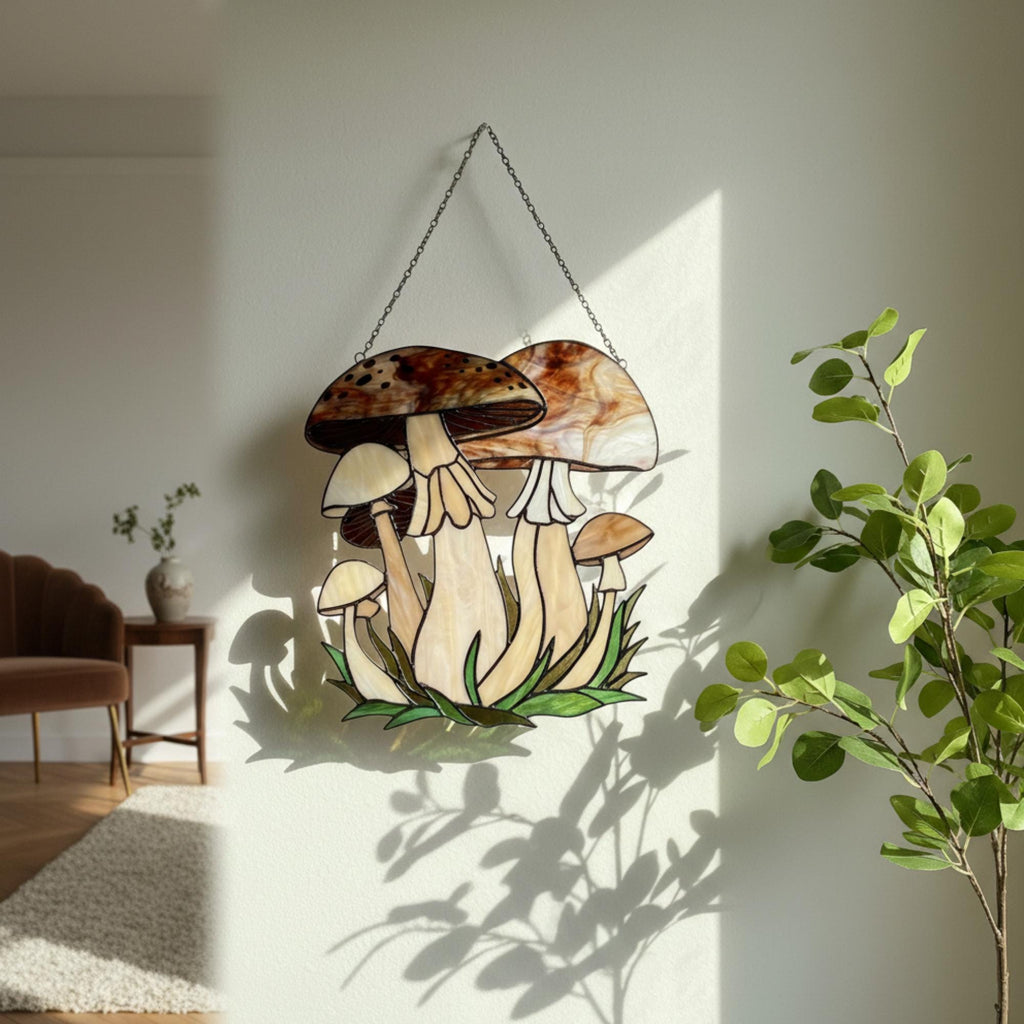 Handmade stained glass mushroom suncatcher with green grass base, colorful fungi window hanging, cottagecore forest decor for plant lovers.