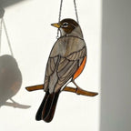 Stained glass American Robin bird suncatcher with orange breast hanging on window, handmade state bird gift for Michigan Wisconsin Connecticut, spring garden decor by LuzyGlassArt.