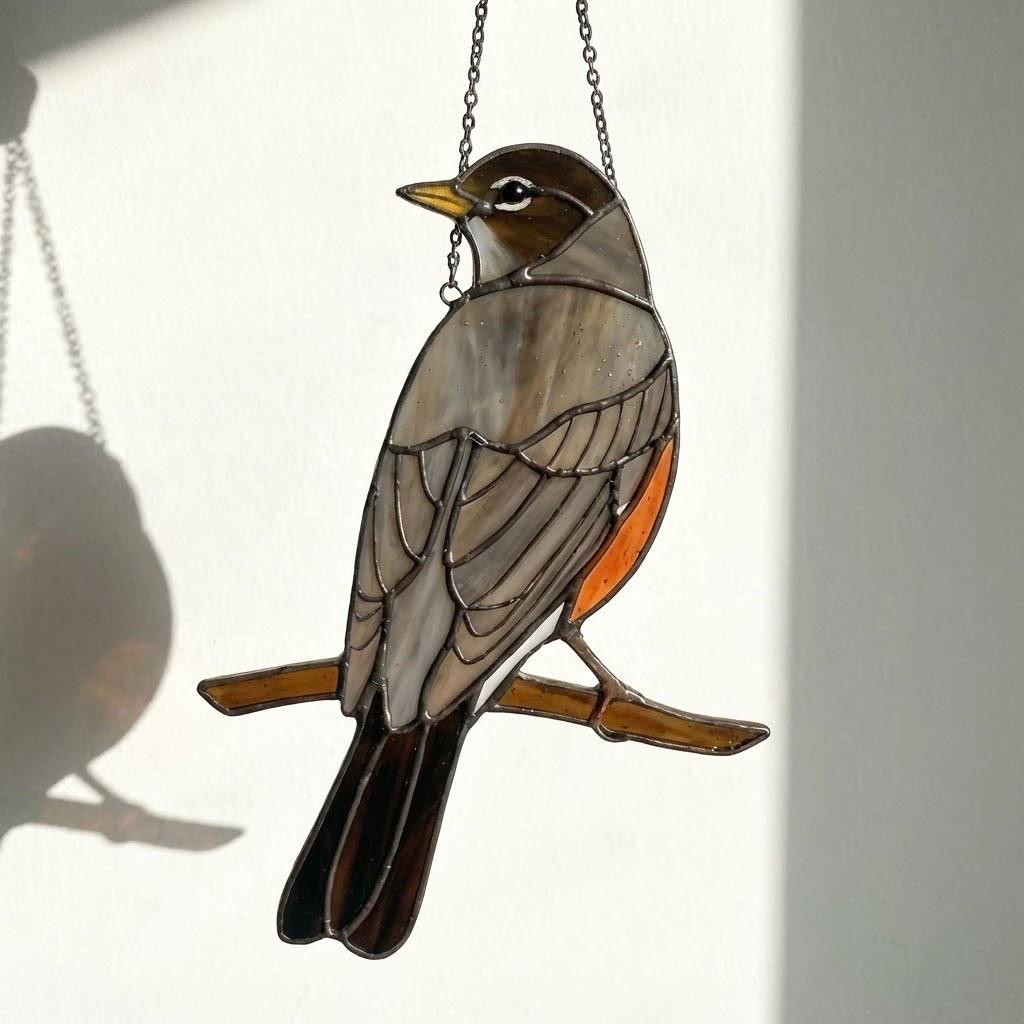 Stained glass American Robin bird suncatcher with orange breast hanging on window, handmade state bird gift for Michigan Wisconsin Connecticut, spring garden decor by LuzyGlassArt.