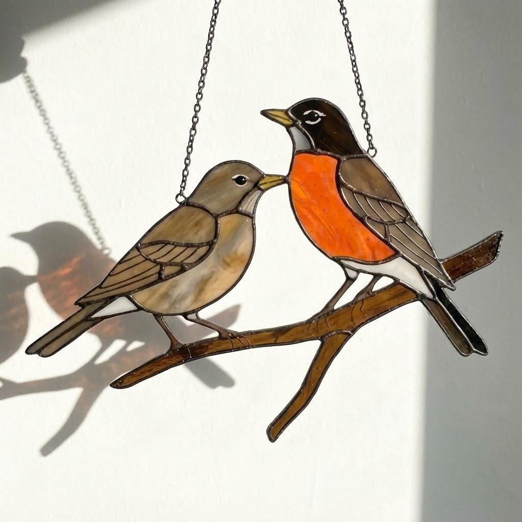 Stained glass American Robin bird suncatcher with orange breast hanging on window, handmade state bird gift for Michigan Wisconsin Connecticut, spring garden decor by LuzyGlassArt.