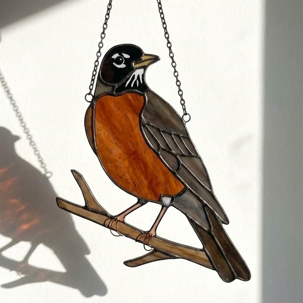 Stained glass American Robin bird suncatcher with orange breast hanging on window, handmade state bird gift for Michigan Wisconsin Connecticut, spring garden decor by LuzyGlassArt.