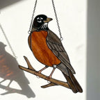 Stained glass American Robin bird suncatcher with orange breast hanging on window, handmade state bird gift for Michigan Wisconsin Connecticut, spring garden decor by LuzyGlassArt.