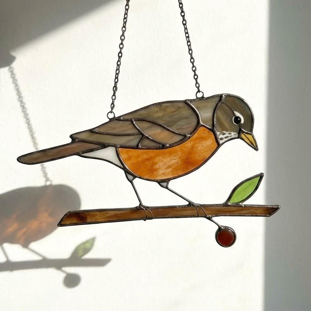 Stained glass American Robin bird suncatcher with orange breast hanging on window, handmade state bird gift for Michigan Wisconsin Connecticut, spring garden decor by LuzyGlassArt.