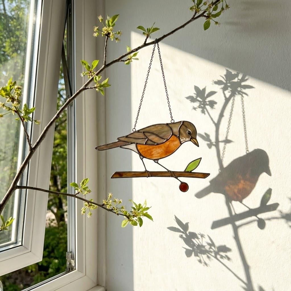 Stained glass American Robin bird suncatcher with orange breast hanging on window, handmade state bird gift for Michigan Wisconsin Connecticut, spring garden decor by LuzyGlassArt.