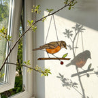 Stained glass American Robin bird suncatcher with orange breast hanging on window, handmade state bird gift for Michigan Wisconsin Connecticut, spring garden decor by LuzyGlassArt.