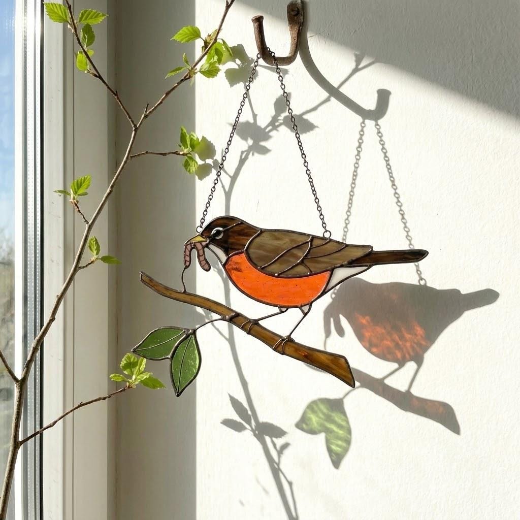 Stained glass American Robin bird suncatcher with orange breast hanging on window, handmade state bird gift for Michigan Wisconsin Connecticut, spring garden decor by LuzyGlassArt.