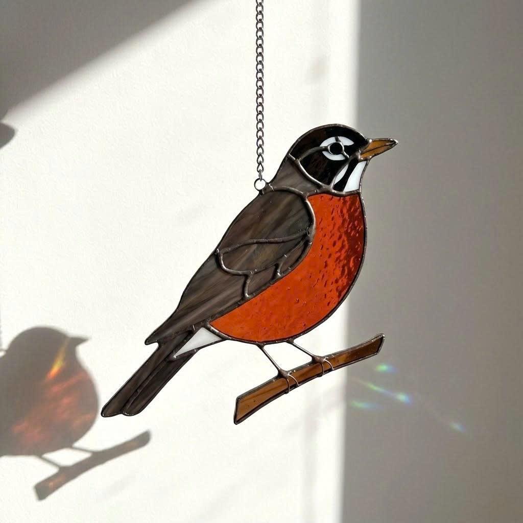 Stained glass American Robin bird suncatcher with orange breast hanging on window, handmade state bird gift for Michigan Wisconsin Connecticut, spring garden decor by LuzyGlassArt.