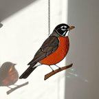 Stained glass American Robin bird suncatcher with orange breast hanging on window, handmade state bird gift for Michigan Wisconsin Connecticut, spring garden decor by LuzyGlassArt.