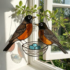 Stained glass American Robin bird suncatcher with orange breast hanging on window, handmade state bird gift for Michigan Wisconsin Connecticut, spring garden decor by LuzyGlassArt.