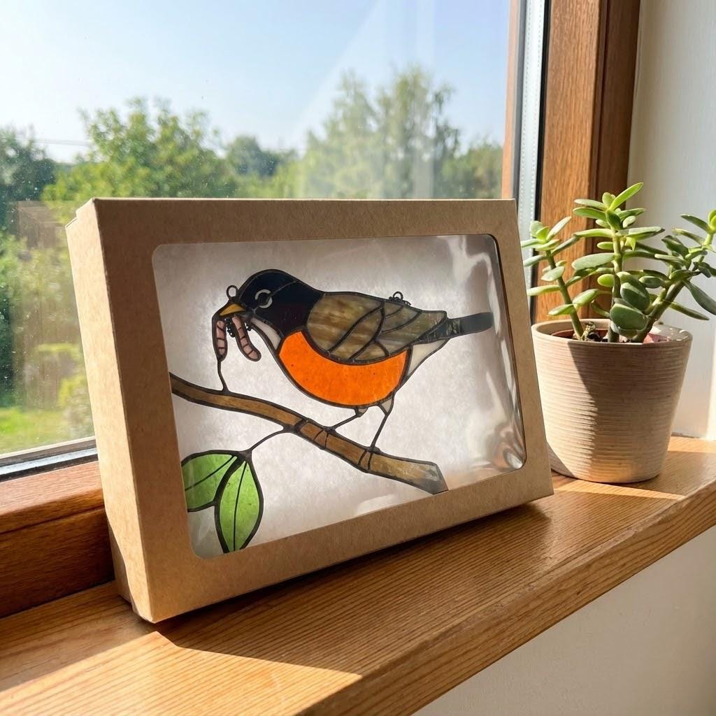 Stained glass American Robin bird suncatcher with orange breast hanging on window, handmade state bird gift for Michigan Wisconsin Connecticut, spring garden decor by LuzyGlassArt.