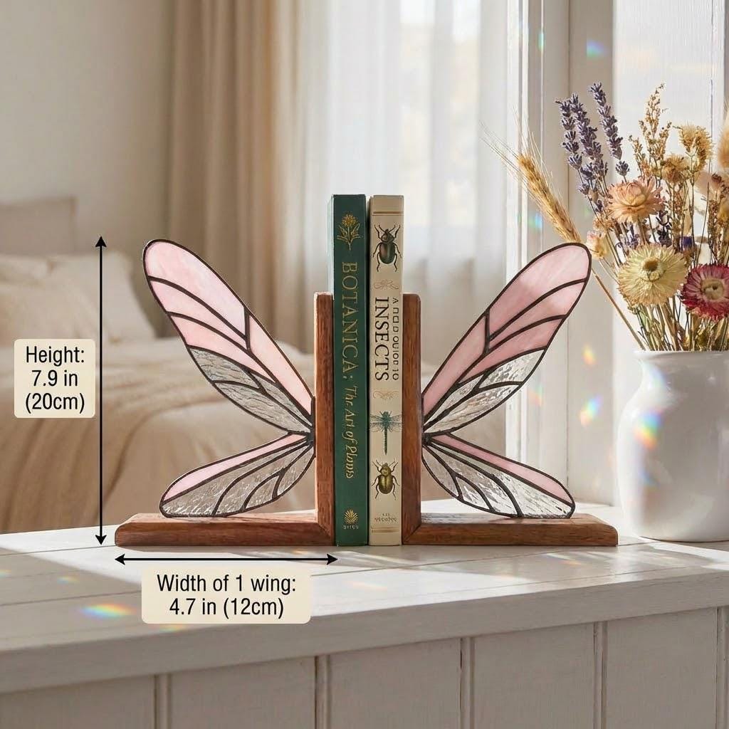 Handmade dragonfly wing stained glass bookends on premium solid oak base, green and yellow glass casting shadows, art nouveau luxury decor.