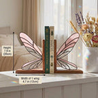 Handmade dragonfly wing stained glass bookends on premium solid oak base, green and yellow glass casting shadows, art nouveau luxury decor.