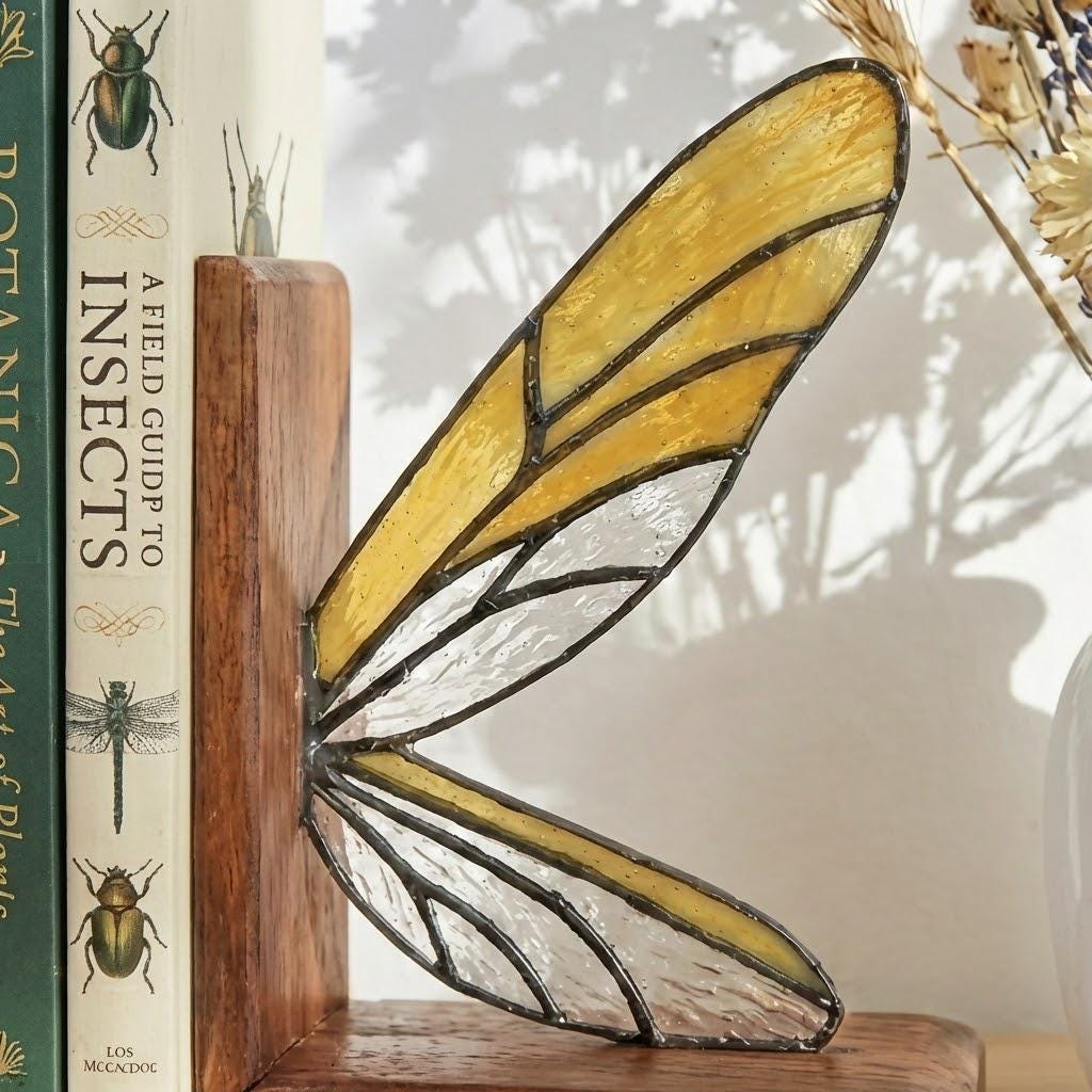 Handmade dragonfly wing stained glass bookends on premium solid oak base, green and yellow glass casting shadows, art nouveau luxury decor.