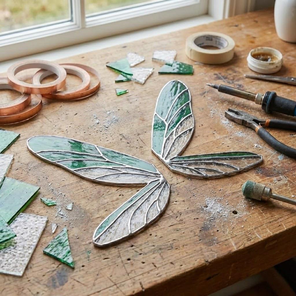 Handmade dragonfly wing stained glass bookends on premium solid oak base, green and yellow glass casting shadows, art nouveau luxury decor.