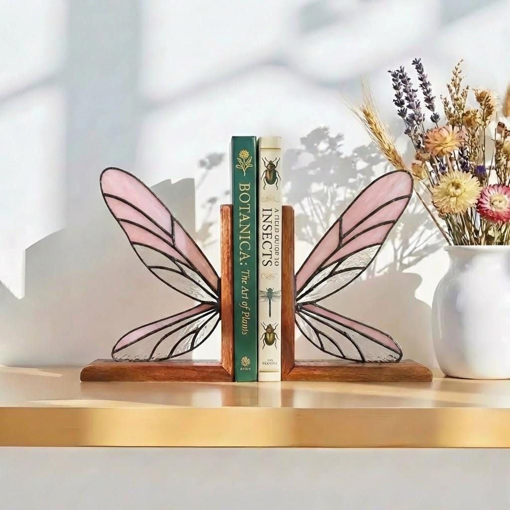 Handmade dragonfly wing stained glass bookends on premium solid oak base, green and yellow glass casting shadows, art nouveau luxury decor.