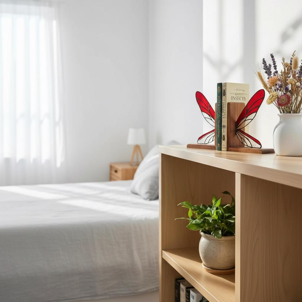 Handmade dragonfly wing stained glass bookends on premium solid oak base, green and yellow glass casting shadows, art nouveau luxury decor.