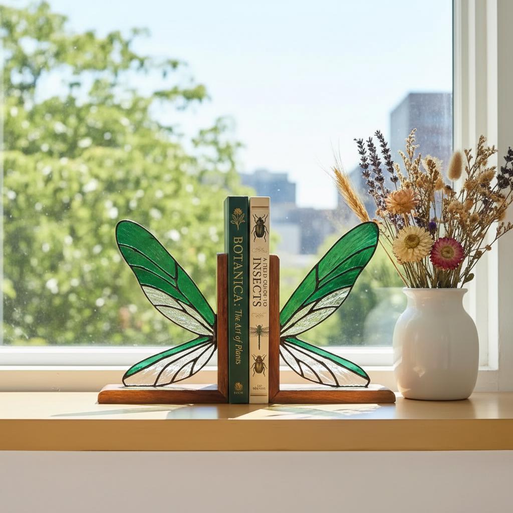 Handmade dragonfly wing stained glass bookends on premium solid oak base, green and yellow glass casting shadows, art nouveau luxury decor.
