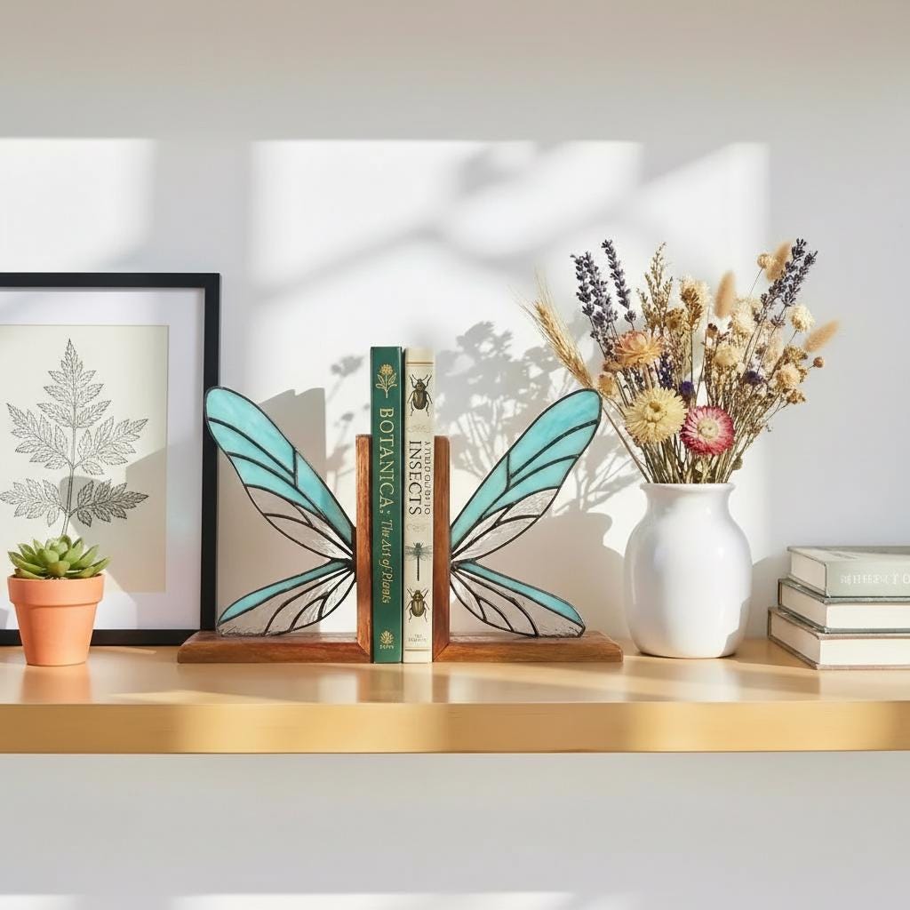 Handmade dragonfly wing stained glass bookends on premium solid oak base, green and yellow glass casting shadows, art nouveau luxury decor.