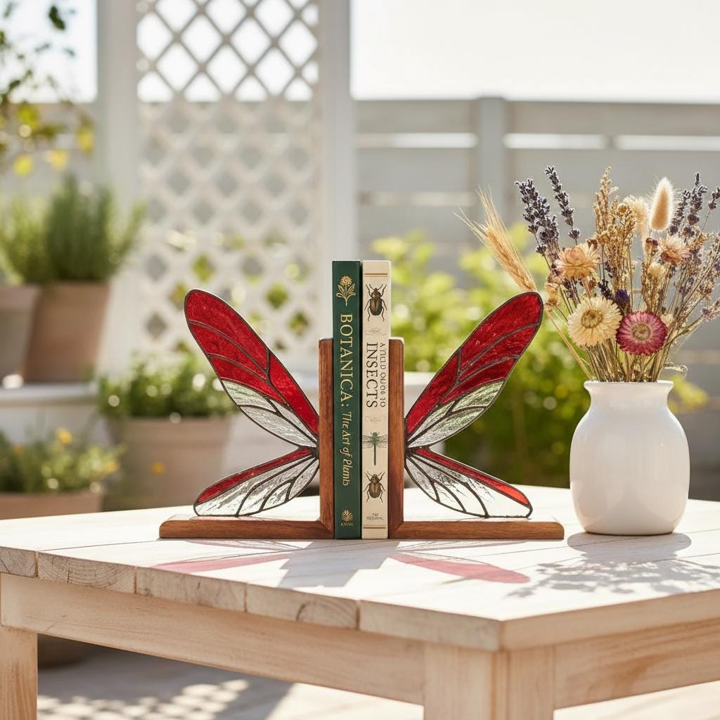 Handmade dragonfly wing stained glass bookends on premium solid oak base, green and yellow glass casting shadows, art nouveau luxury decor.