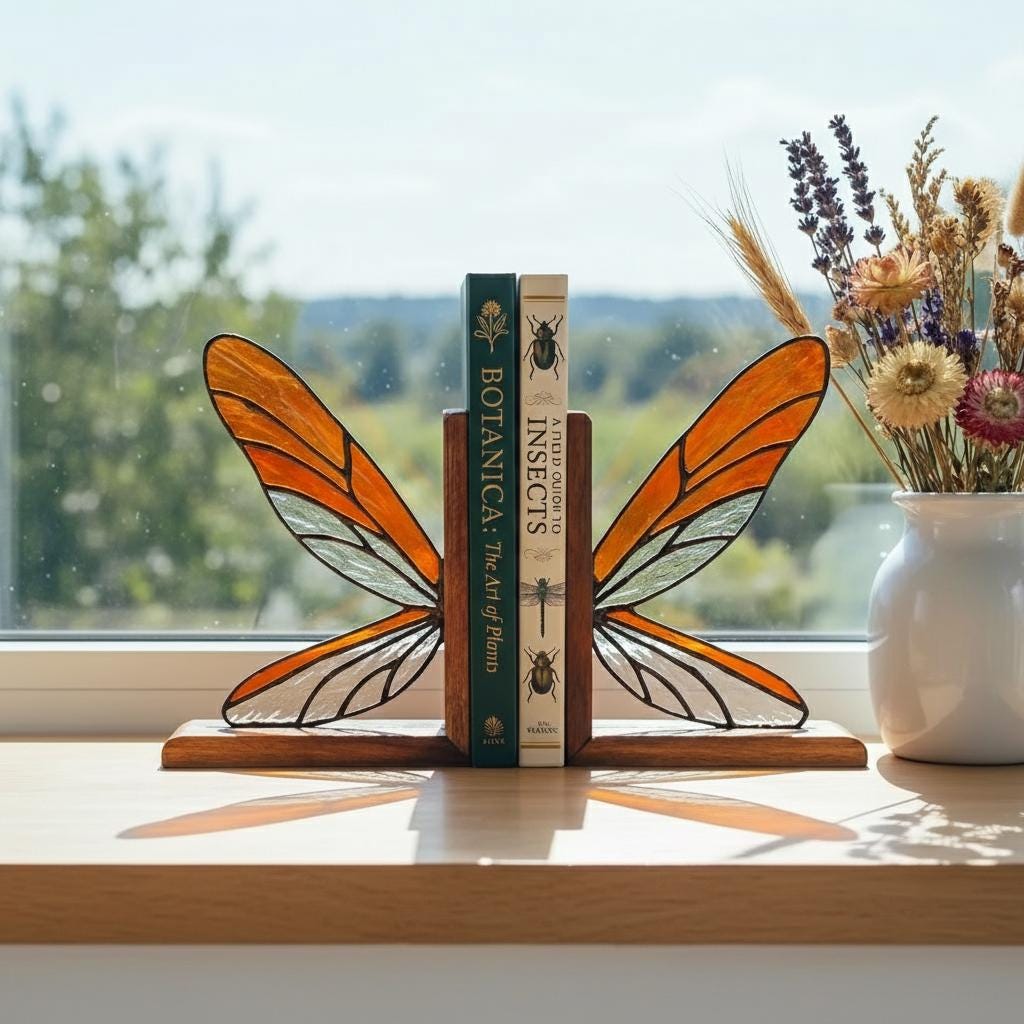 Handmade dragonfly wing stained glass bookends on premium solid oak base, green and yellow glass casting shadows, art nouveau luxury decor.