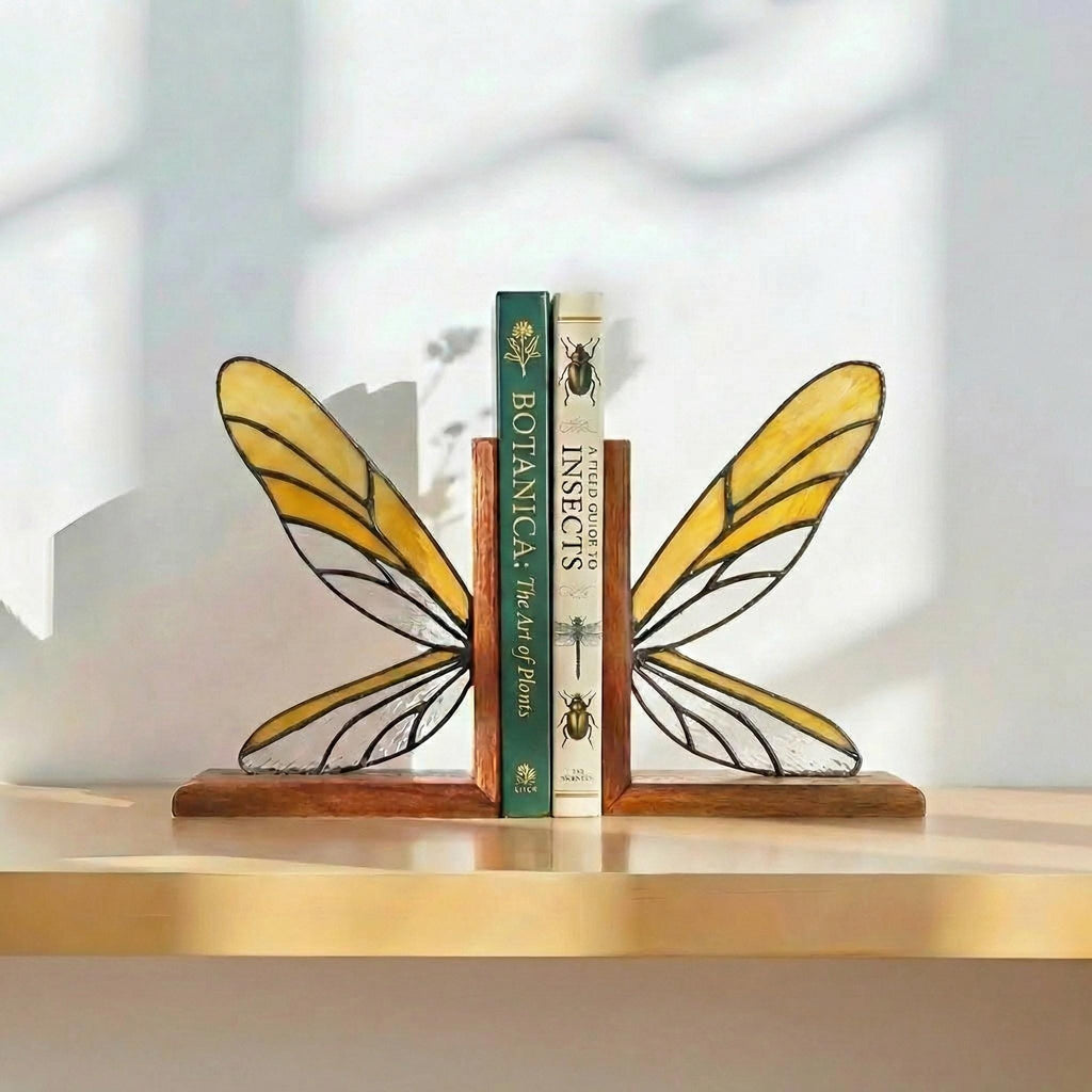 Handmade dragonfly wing stained glass bookends on premium solid oak base, green and yellow glass casting shadows, art nouveau luxury decor.