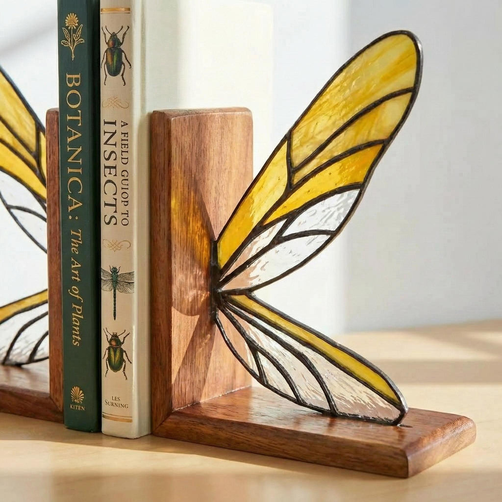 Handmade dragonfly wing stained glass bookends on premium solid oak base, green and yellow glass casting shadows, art nouveau luxury decor.