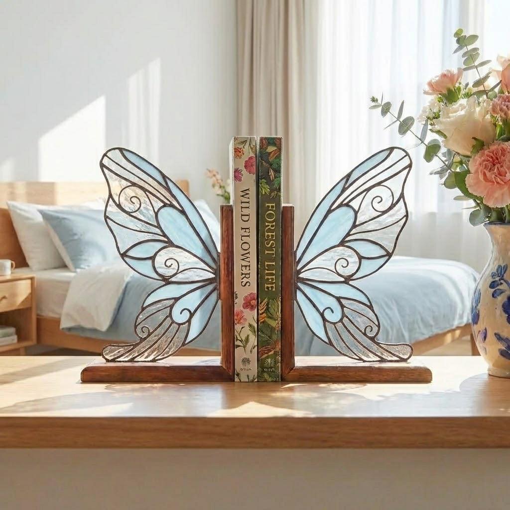 Handmade stained glass fairy wing bookends on solid oak wood base, magical fantasy library decor, cicada wing book stand for reading nook.