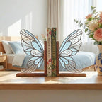 Handmade stained glass fairy wing bookends on solid oak wood base, magical fantasy library decor, cicada wing book stand for reading nook.