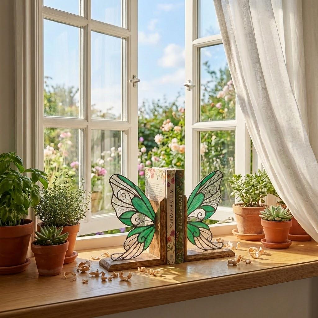 Handmade stained glass fairy wing bookends on solid oak wood base, magical fantasy library decor, cicada wing book stand for reading nook.