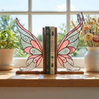 Handmade stained glass fairy wing bookends on solid oak wood base, magical fantasy library decor, cicada wing book stand for reading nook.