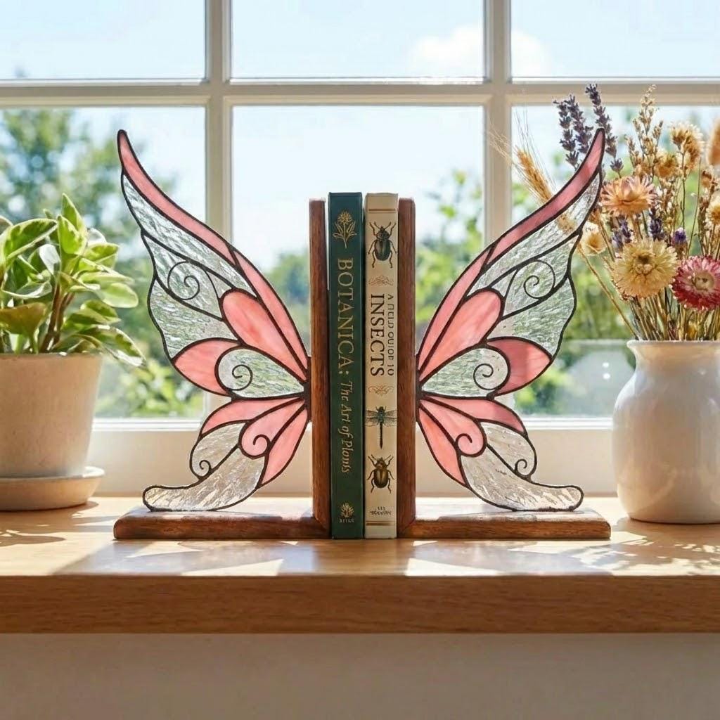 Handmade stained glass fairy wing bookends on solid oak wood base, magical fantasy library decor, cicada wing book stand for reading nook.
