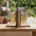 Handmade stained glass fairy wing bookends on solid oak wood base, magical fantasy library decor, cicada wing book stand for reading nook.