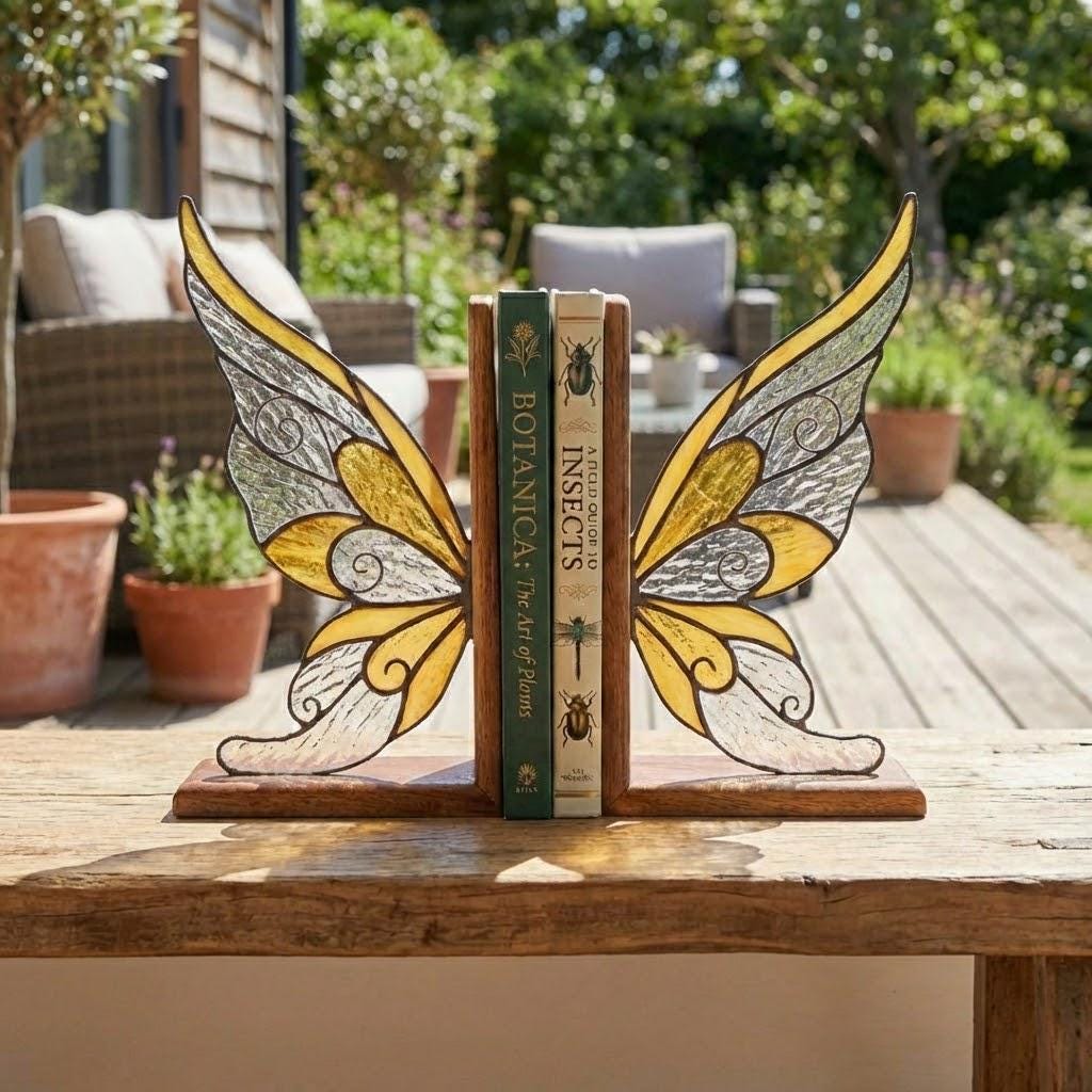 Handmade stained glass fairy wing bookends on solid oak wood base, magical fantasy library decor, cicada wing book stand for reading nook.
