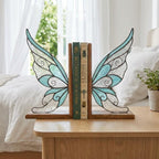Handmade stained glass fairy wing bookends on solid oak wood base, magical fantasy library decor, cicada wing book stand for reading nook.