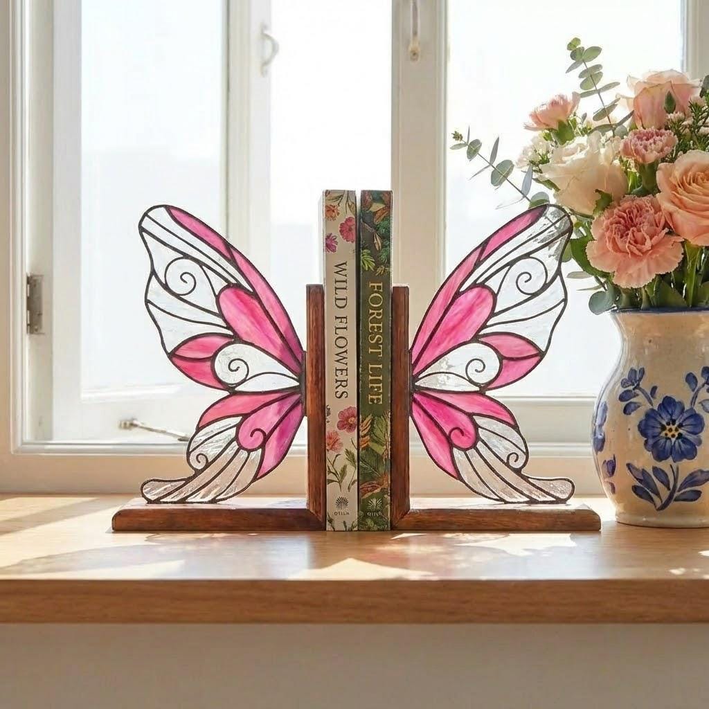 Handmade stained glass fairy wing bookends on solid oak wood base, magical fantasy library decor, cicada wing book stand for reading nook.