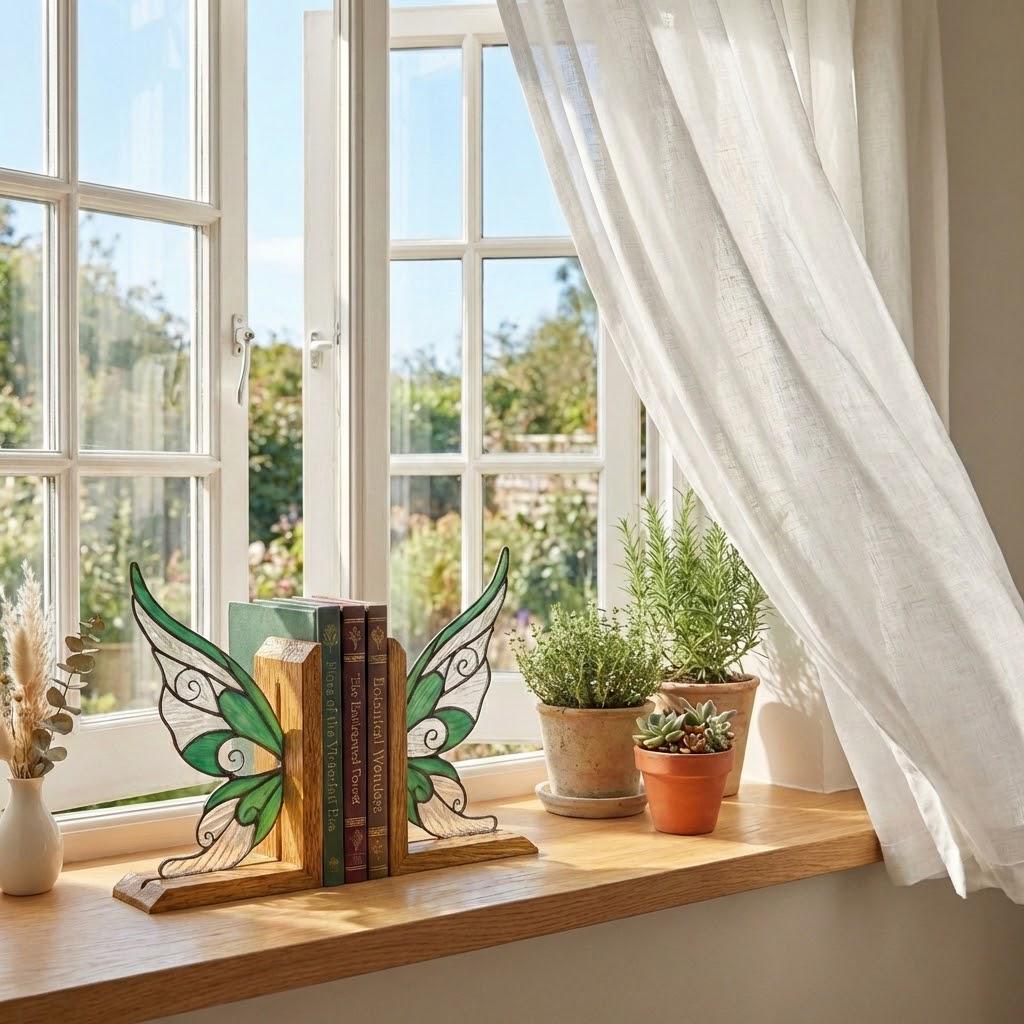 Handmade stained glass fairy wing bookends on solid oak wood base, magical fantasy library decor, cicada wing book stand for reading nook.