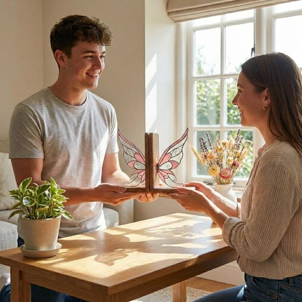 Handmade stained glass fairy wing bookends on solid oak wood base, magical fantasy library decor, cicada wing book stand for reading nook.