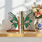 Handmade stained glass fairy wing bookends on solid oak wood base, magical fantasy library decor, cicada wing book stand for reading nook.