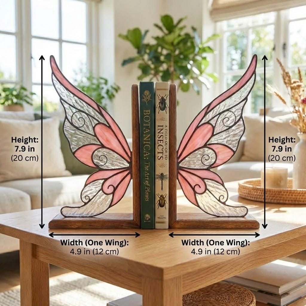 Handmade stained glass fairy wing bookends on solid oak wood base, magical fantasy library decor, cicada wing book stand for reading nook.