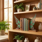 Handmade stained glass fairy wing bookends on solid oak wood base, magical fantasy library decor, cicada wing book stand for reading nook.