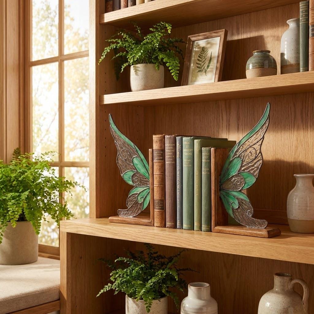 Handmade stained glass fairy wing bookends on solid oak wood base, magical fantasy library decor, cicada wing book stand for reading nook.