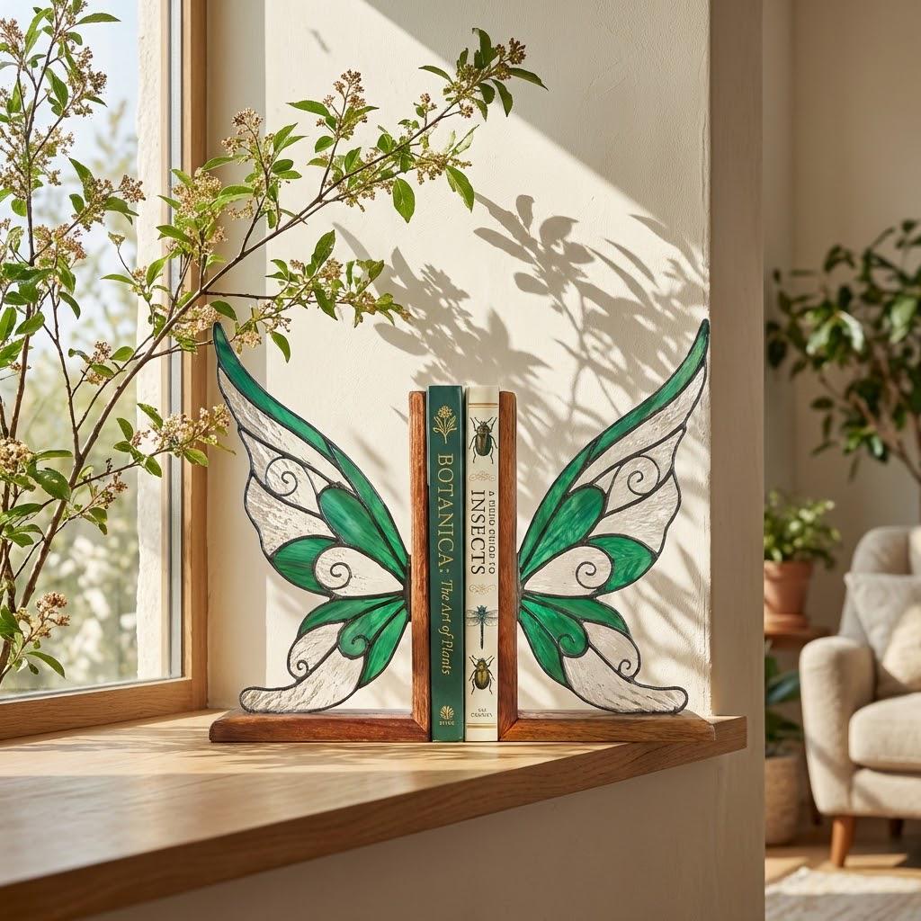 Handmade stained glass fairy wing bookends on solid oak wood base, magical fantasy library decor, cicada wing book stand for reading nook.