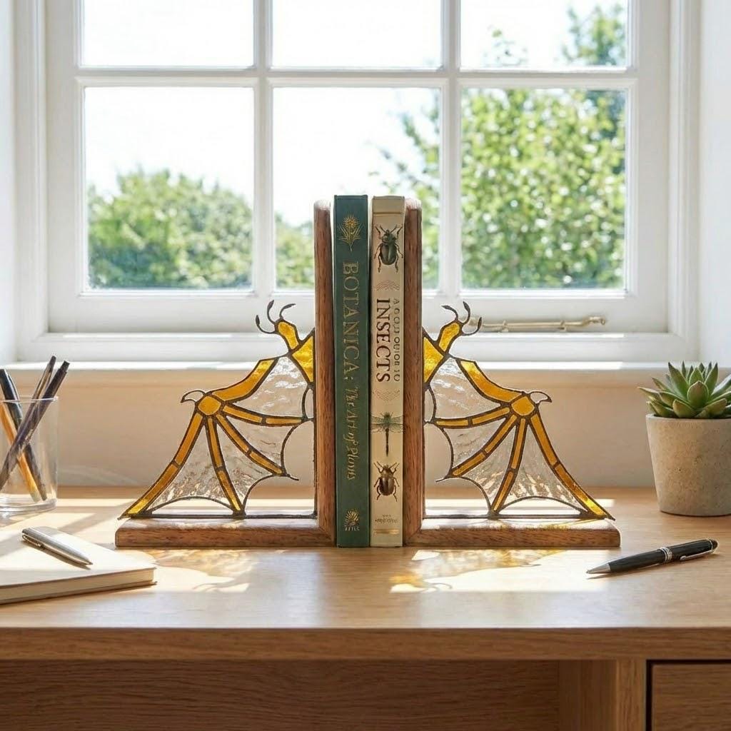 Pair of handmade stained glass dragon wing bookends on solid oak base, red and black fantasy decor, wyvern wings for bookshelf, fourth wing gift.