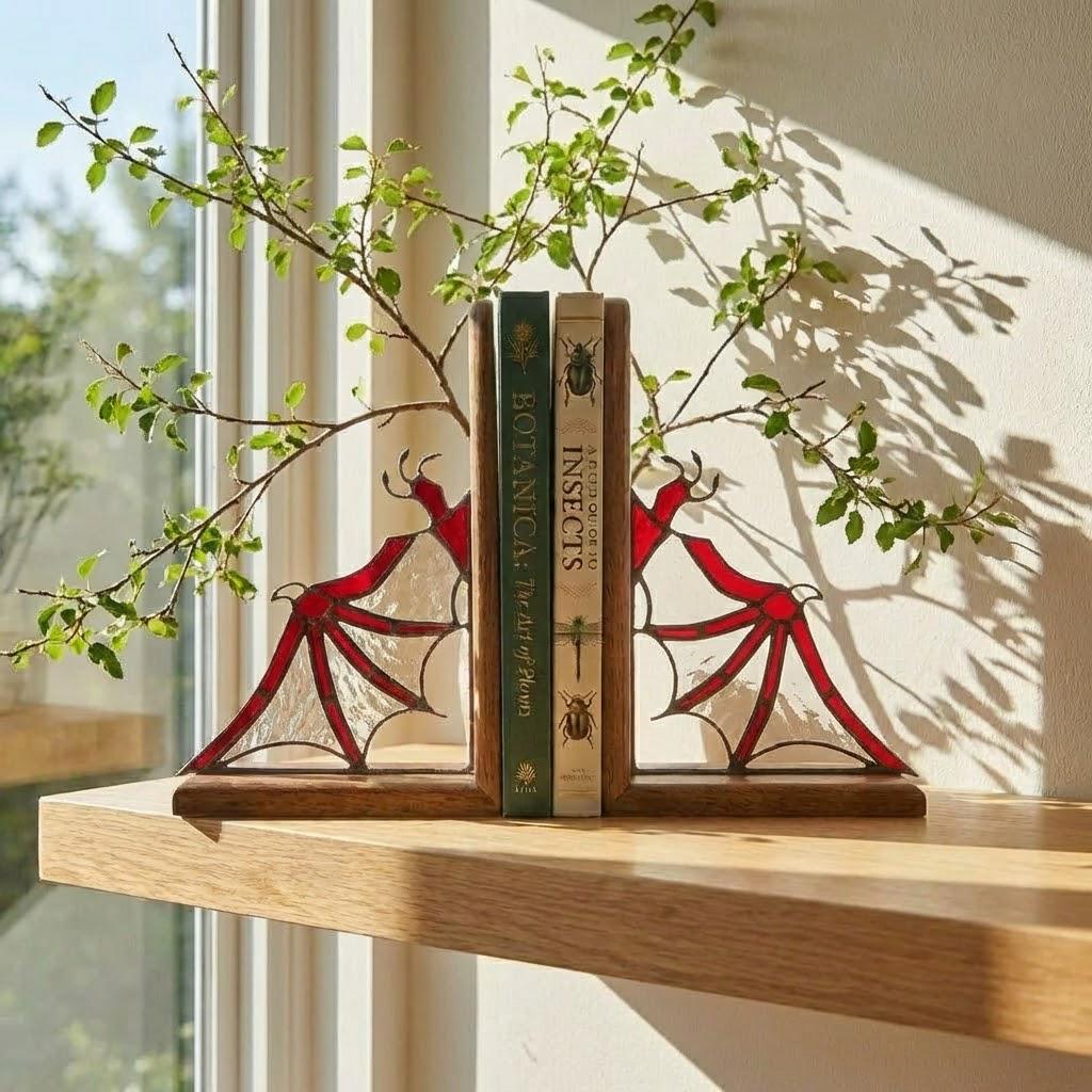 Pair of handmade stained glass dragon wing bookends on solid oak base, red and black fantasy decor, wyvern wings for bookshelf, fourth wing gift.