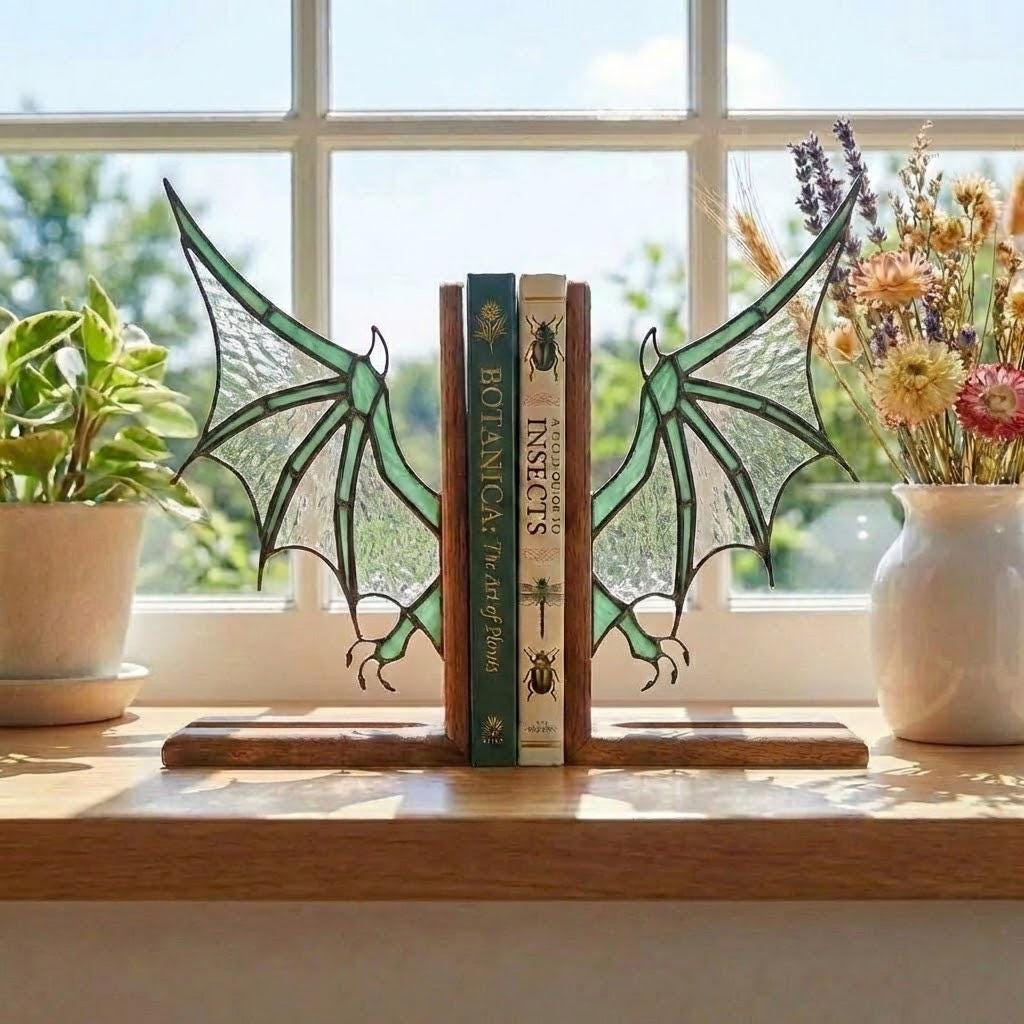Pair of handmade stained glass dragon wing bookends on solid oak base, red and black fantasy decor, wyvern wings for bookshelf, fourth wing gift.