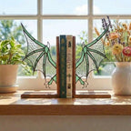 Pair of handmade stained glass dragon wing bookends on solid oak base, red and black fantasy decor, wyvern wings for bookshelf, fourth wing gift.