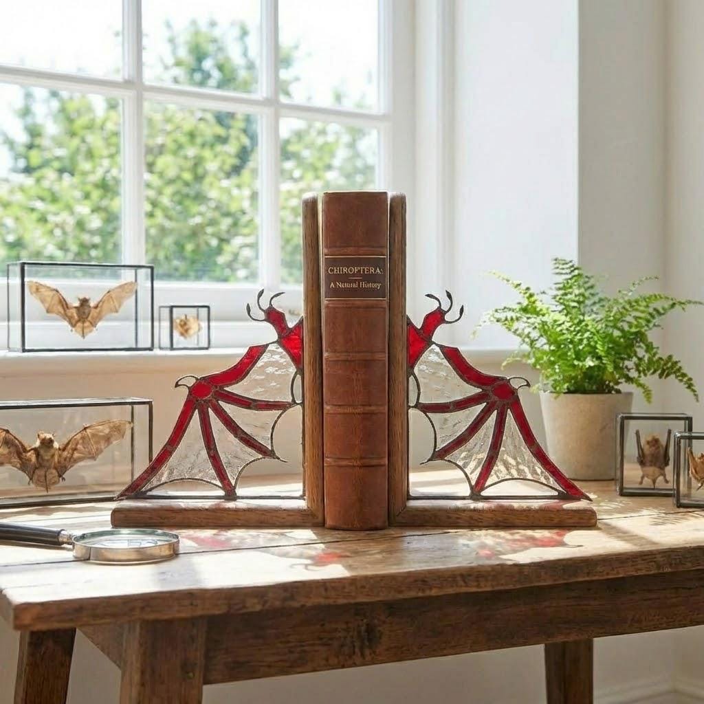 Pair of handmade stained glass dragon wing bookends on solid oak base, red and black fantasy decor, wyvern wings for bookshelf, fourth wing gift.