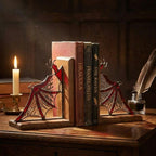 Pair of handmade stained glass dragon wing bookends on solid oak base, red and black fantasy decor, wyvern wings for bookshelf, fourth wing gift.