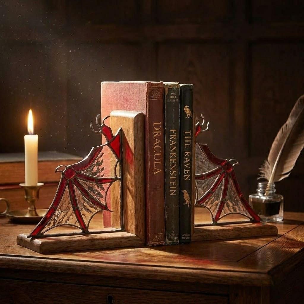 Pair of handmade stained glass dragon wing bookends on solid oak base, red and black fantasy decor, wyvern wings for bookshelf, fourth wing gift.
