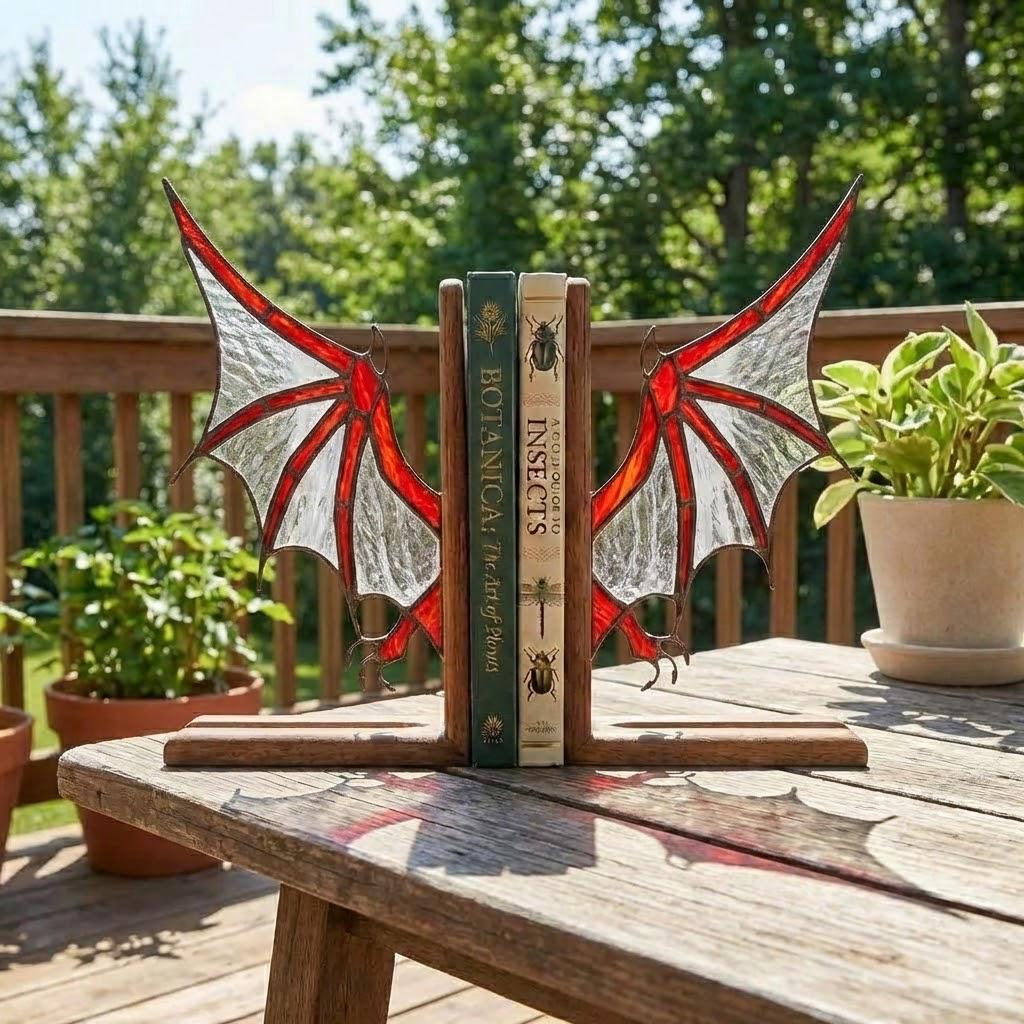 Pair of handmade stained glass dragon wing bookends on solid oak base, red and black fantasy decor, wyvern wings for bookshelf, fourth wing gift.